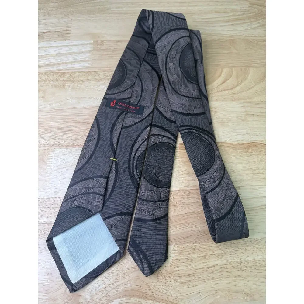 Delmani Italy Men's Neck Tie Dark Taupe Brown Black Abstract